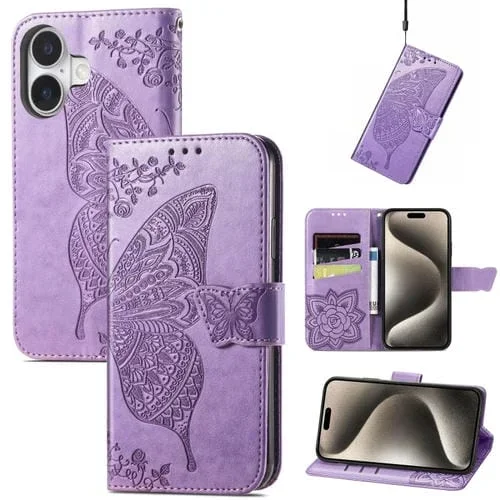 Funda de Cuero con Relieve de Mariposa y Flor para iPhone 16 Plus (Lavanda)