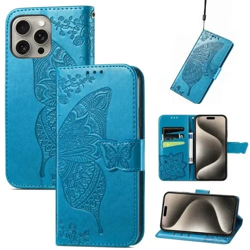 Funda de Cuero con Relieve de Mariposa y Flor para iPhone 16 Pro (Azul)