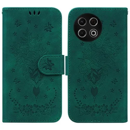 Funda de cuero con relieve de mariposa y rosa para Tecno Spark 30 Pro (verde)