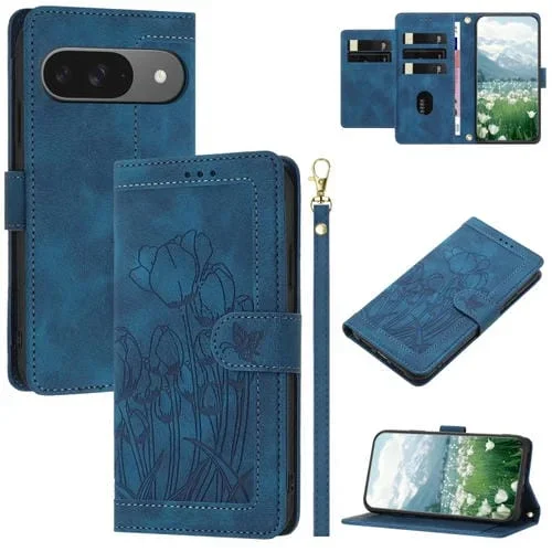 Funda de Cuero con Relieve de Tulipanes para Google Pixel 9 y 9 Pro con Cordón (Azul)
