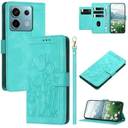 Funda de Cuero con Relieve de Tulipanes para Redmi Note 13 5G con Cordón (Verde)
