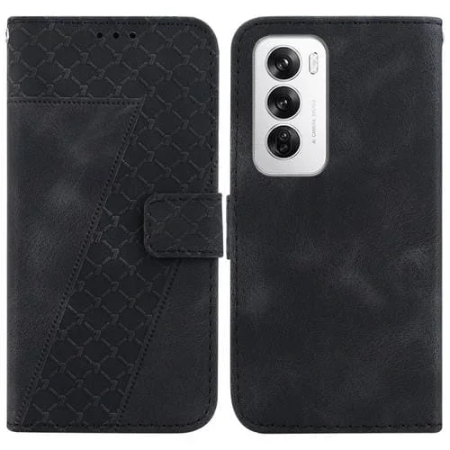 Funda de Cuero con Relieve En Forma de 7 para Oppo Reno12 5G Global (Negra)