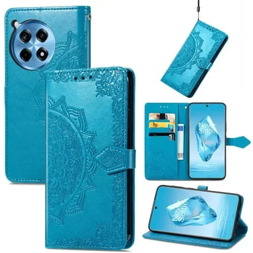 Funda de Cuero con Relieve Flor de Mandala para OnePlus Ace 3 Pro (Azul)