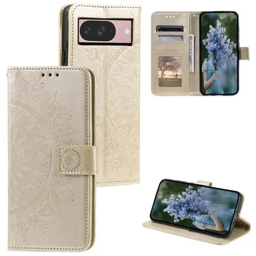 Funda de Cuero con Relieve Flor de Tótem para Google Pixel 9 y 9 Pro con Cordón (Dorado)