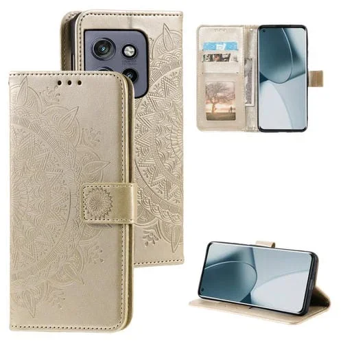 Funda de Cuero con Relieve Flor de Tótem para Motorola Edge 50 Neo con Cordón (Dorado)