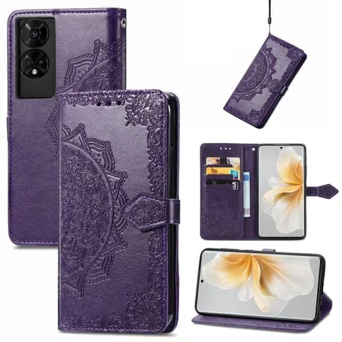 Funda de Cuero con Relieve Flor Mandala para Teléfono TCL 50 5G (Morado)