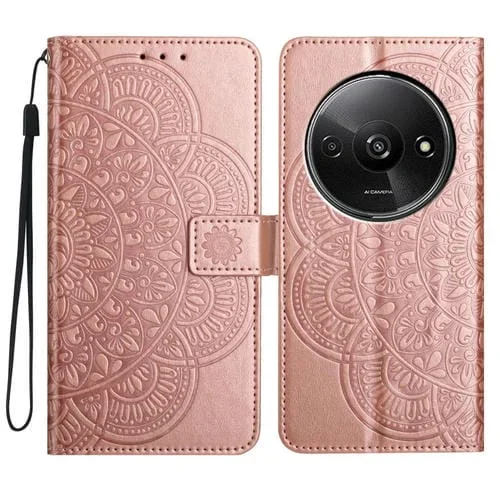 Funda de Cuero con Relieve Floral para Redmi A3 (Oro Rosa)