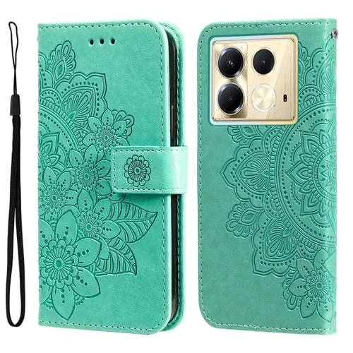 Funda de Cuero con Relieve Flores Siete Pétalos para Infinix Note 40 5G (Verde)