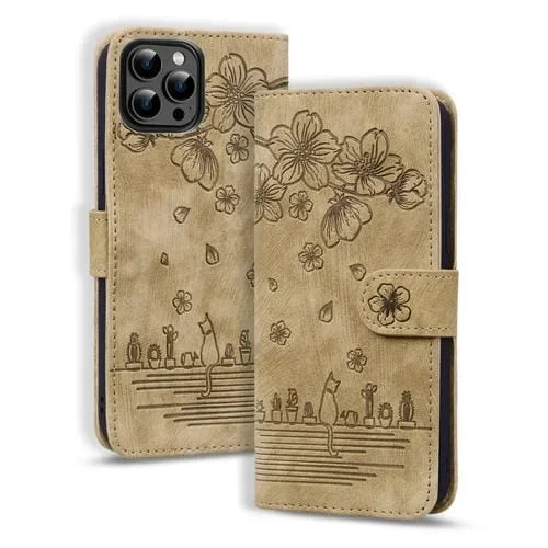 Funda de Cuero con Relieve Gato Sakura Dibujos Animados para iPhone 16 Pro Max (Marrón)