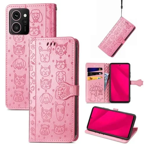Funda de Cuero con Relieve Gato y Perro para Teléfono HMD Skyline (Rosa)