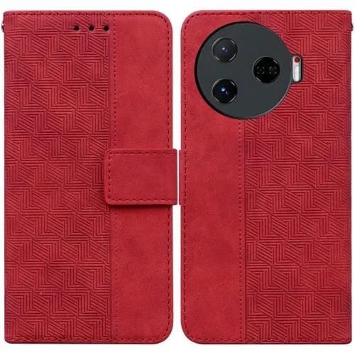 Funda de Cuero con Relieve Geométrico para Tecno Camon 30 Pro Cl8 (Rojo)