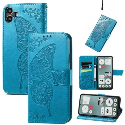 Funda de Cuero con Relieve Mariposa y Flor para Teléfono cmf Phone 1 (Azul)