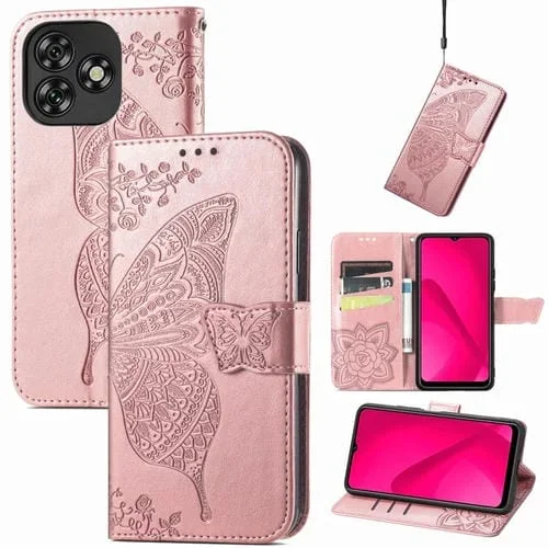 Funda de Cuero con Relieve Mariposa y Flor para Teléfono Oukitel C53 (Oro Rosa)