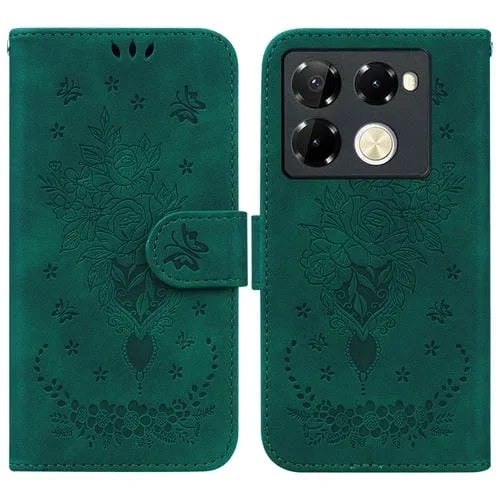 Funda de Cuero con Relieve Mariposa y Rosa para Infinix Note 40 Pro 4G/5G (Verde)