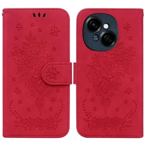 Funda de Cuero con Relieve Mariposa y Rosa para Tecno Spark Go 1/Pop 9 Pro (Rojo)