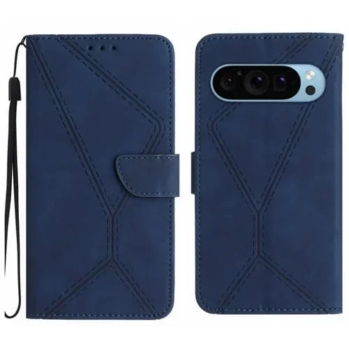 Funda de Cuero con Relieve y Costuras para Google Pixel 9 Pro XL (Azul)
