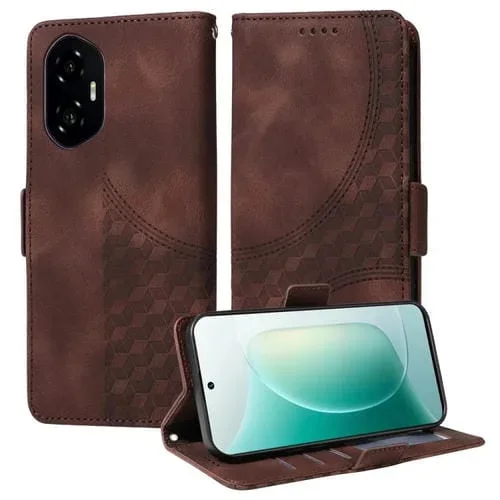 Funda de Cuero con Rombos y Estrellas en Relieve para Teléfono For Honor 300 (Marrón)