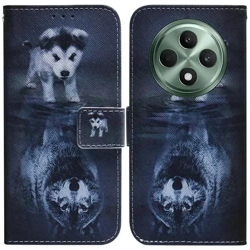 Funda de Cuero con Tapa con Dibujo Colorido para Oppo Reno12 F 5G (Lobo y Perro)