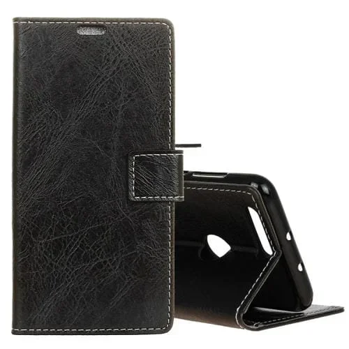 Funda de Cuero con Tapa Horizontal Retro con Textura de Caballo Loco para Oppo A7 / Ax7, con Soporte, Ranuras para Tarjetas y Marco de Fotos (Negro)
