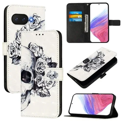 Funda de Cuero con Tapa Horizontal y Pintura 3D para Google Pixel 9A (Calavera)