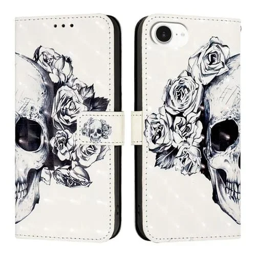 Funda de Cuero con Tapa Horizontal y Pintura 3D para iPhone 16E (Calavera)