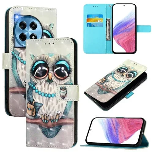 Funda de Cuero con Tapa Horizontal y Pintura 3D para OnePlus 12 5G (Búho Gris)