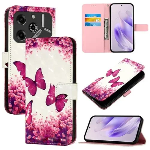 Funda de Cuero con Tapa Horizontal y Pintura 3D para Tecno Pova 6 5G y Pova 6 Pro (Mariposa Rosa)