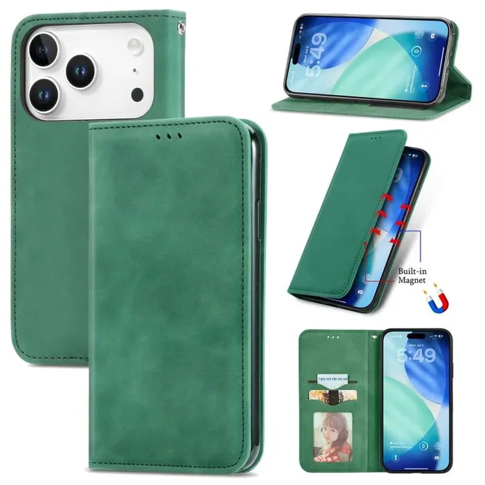 Funda de cuero con tapa magnética y diseño retro para iPhone 17 Pro Max (verde)