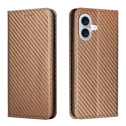 Funda de Cuero con Tapa Magnética y Textura de Fibra de Carbono para iPhone 16 Plus (Marrón)
