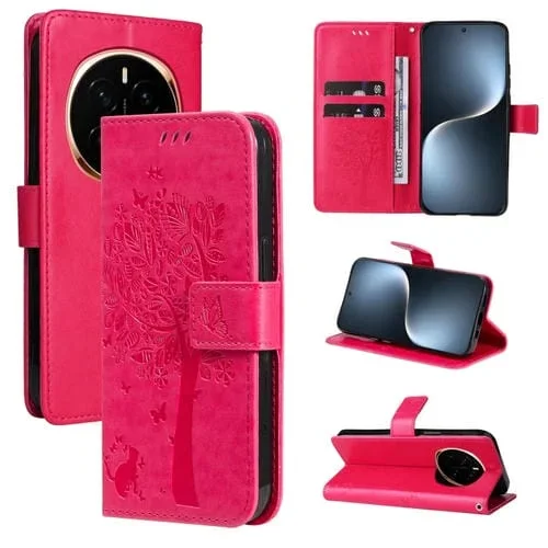 Funda de Cuero con Tapa para Honor Magic7 con Estampado de Árbol y Gato (Rosa Rojo)