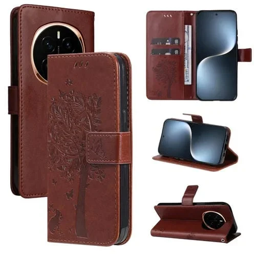 Funda de Cuero con Tapa para Honor Magic7 Diseño Árbol y Gato En Relieve (Café)