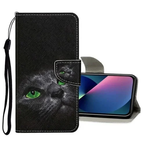 Funda de Cuero con Tapa para iPhone 13 Mini con Patrón Dibujo a Color (Gato Negro)