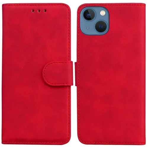 Funda de Cuero con Tapa para iPhone 14 Skin Feel Pure Color (Rojo)