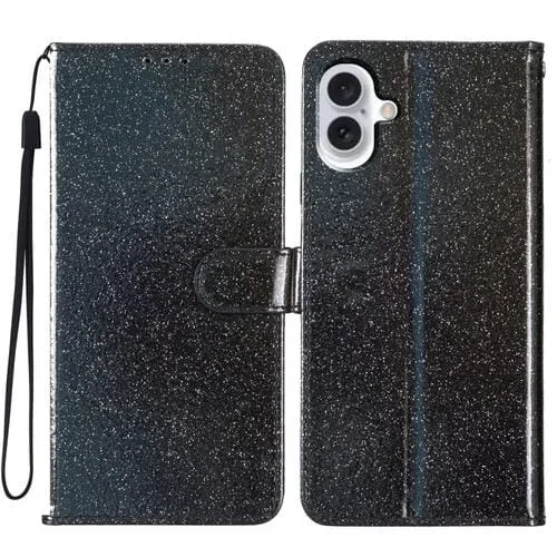 Funda de Cuero con Tapa para iPhone 16 Plus con Purpurina en Polvo (Negro)