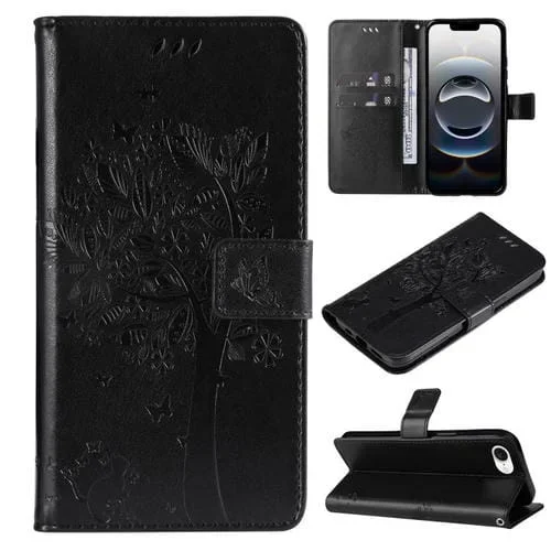 Funda de Cuero con Tapa para iPhone 16E Diseño Árbol y Gato En Relieve (Negro)