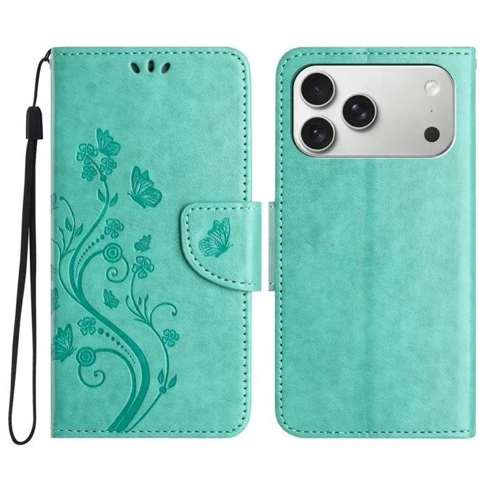 Funda de cuero con tapa para iPhone 17 Pro Max con diseño de mariposas y flores (verde)