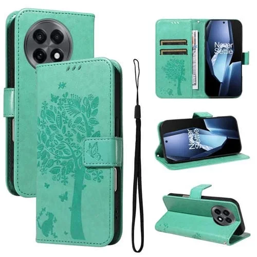 Funda de Cuero con Tapa para OnePlus 13R Global con Patrón En Relieve Árbol y Gato (Verde)
