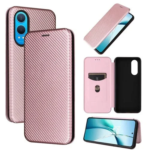 Funda de Cuero con Tapa para OnePlus Nord Ce4 Lite con Textura de Fibra de Carbono (Rosa)