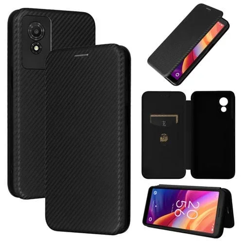 Funda de Cuero con Tapa para TCL 501 con Textura de Fibra de Carbono (Negro)