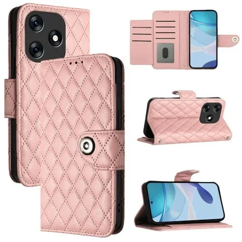 Funda de Cuero con Tapa para Tecno Spark 10 4G con Textura Romboidal y Cordón (Rosa Coral)