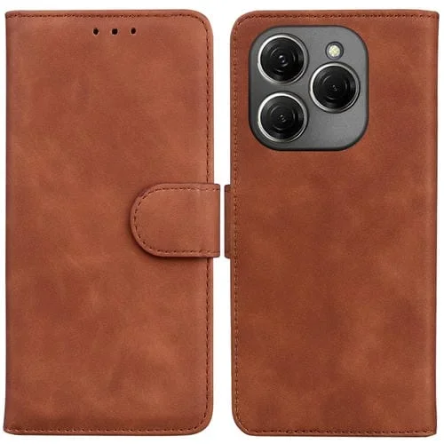 Funda de Cuero con Tapa para Tecno Spark 20 Pro Skin Feel Pure Color (Marrón)
