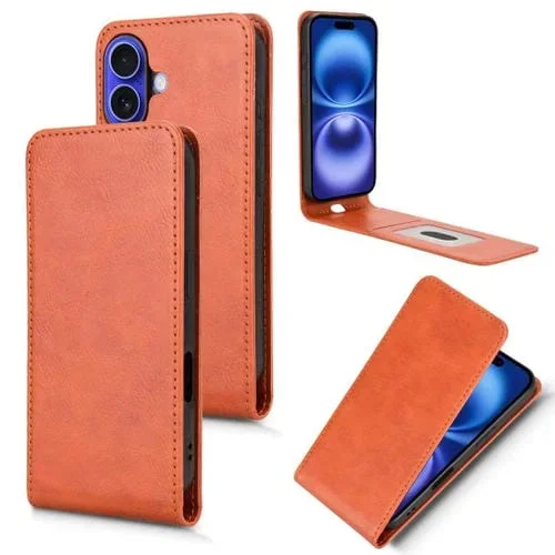 Funda de Cuero con Tapa Vertical Magnética para iPhone 16 Plus (Marrón)