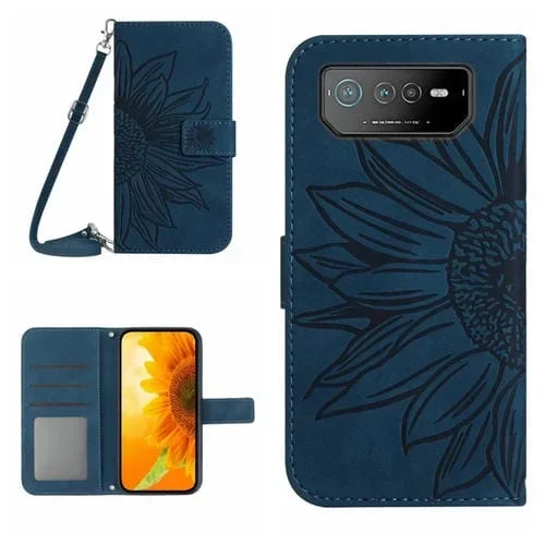 Funda de Cuero con Tapa y Cordón para Asus Rog Phone 6 Pro Skin Feel Sun Flower (Azul Tinta)