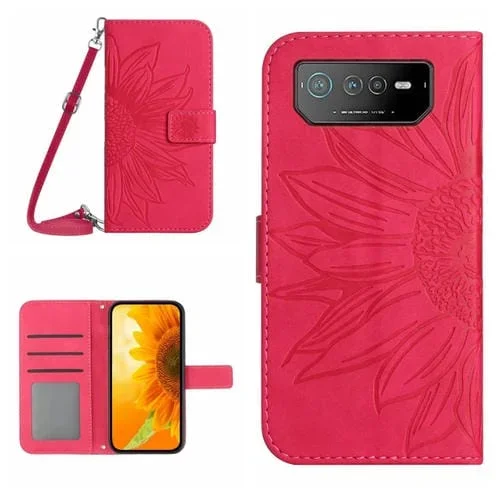 Funda de Cuero con Tapa y Cordón para Asus Rog Phone 6 Pro Skin Feel Sun Flower Pattern (Rose Red)