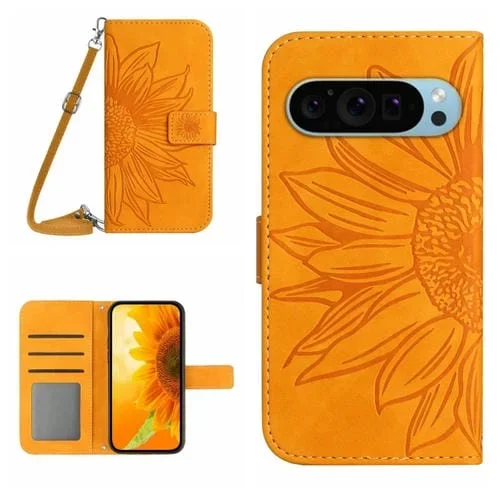 Funda de Cuero con Tapa y Cordón para Google Pixel 9 Pro XL Diseño Girasol (Amarillo)