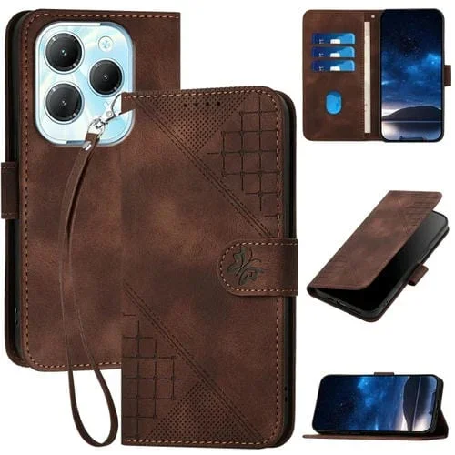 Funda de Cuero con Tapa y Cordón para Infinix Hot 40 Pro 4G Yx0080 con Diseño Relieve Mariposas (Café)