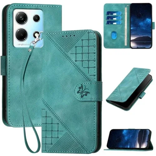 Funda de Cuero con Tapa y Cordón para Infinix Note 30 4G Yx0080 con Diseño Mariposa y Cuadrícula (Azul Claro)