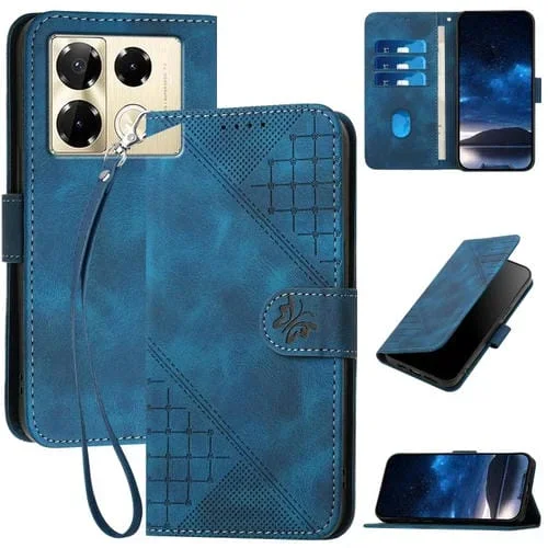 Funda de Cuero con Tapa y Cordón para Infinix Note 40 Pro+ 5G Yx0080 (Azul Oscuro) Diseño Relieve Mariposas