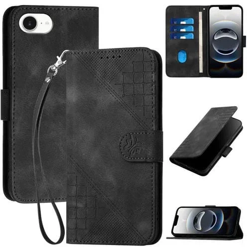 Funda de Cuero con Tapa y Cordón para iPhone 16E Yx0080 Diseño Mariposa y Cuadrícula (Negro)
