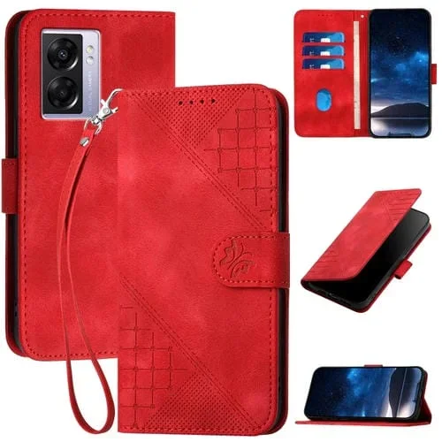 Funda de Cuero con Tapa y Cordón para Oppo A57 5G/A77 5G Yx0080 con Diseño En Relieve de Mariposa y Cuadrícula (Rojo)
